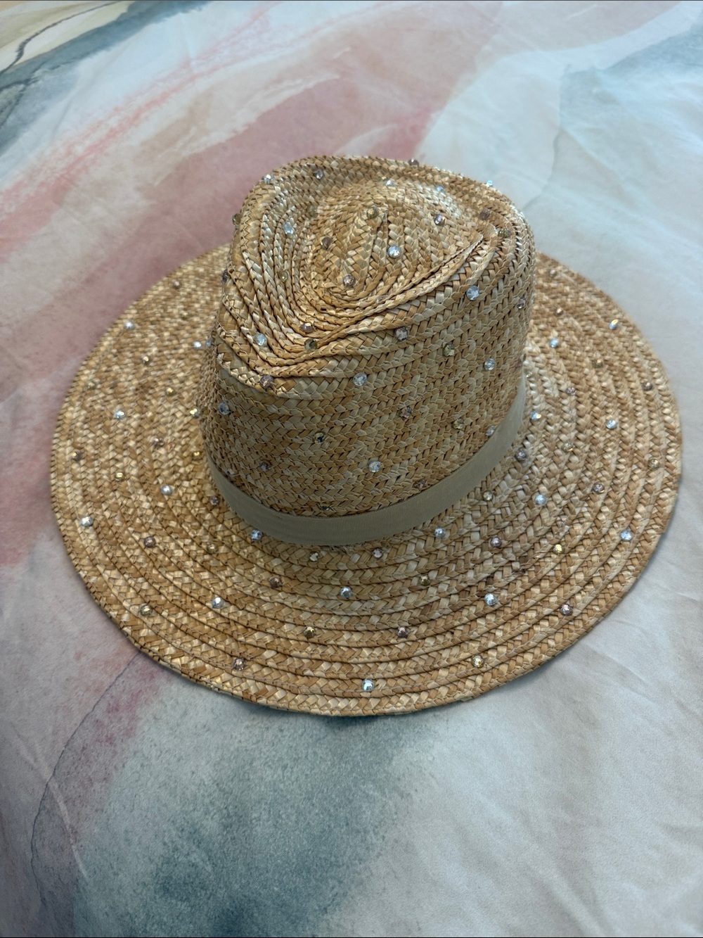 Summerfull Brand Natural Straw Sun Hat with Rhinestone Accents